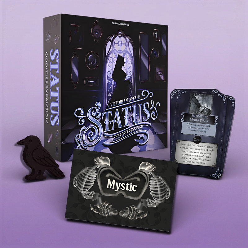 The Status Oddities Expansion box with its event cards and components
